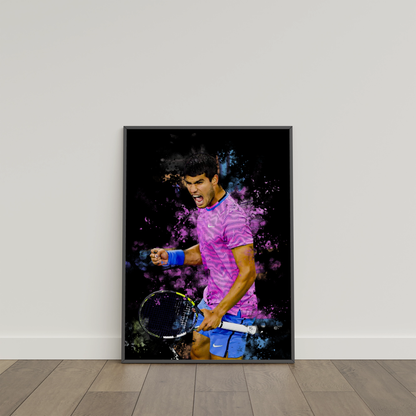 framed poster mockup of tennis player carlos alcaraz leaning on a white wall