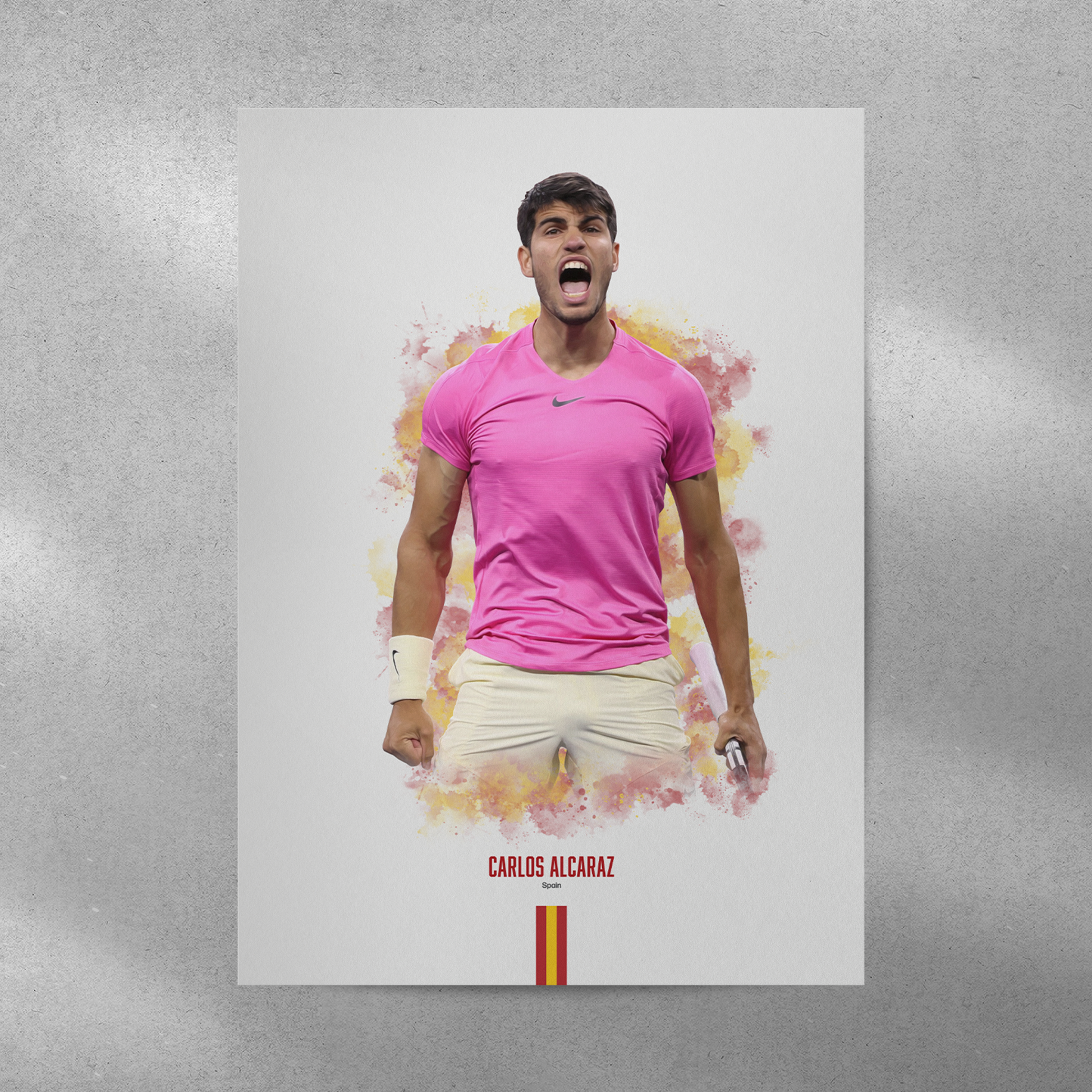 poster mockup of tennis player carlos alcaraz on a grey wall