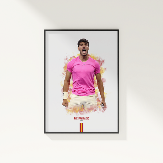 framed poster mockup of tennis player carlos alcaraz hanging on a white wall