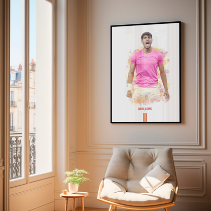 framed poster mockup of tennis player carlos alcaraz hanging in a living room