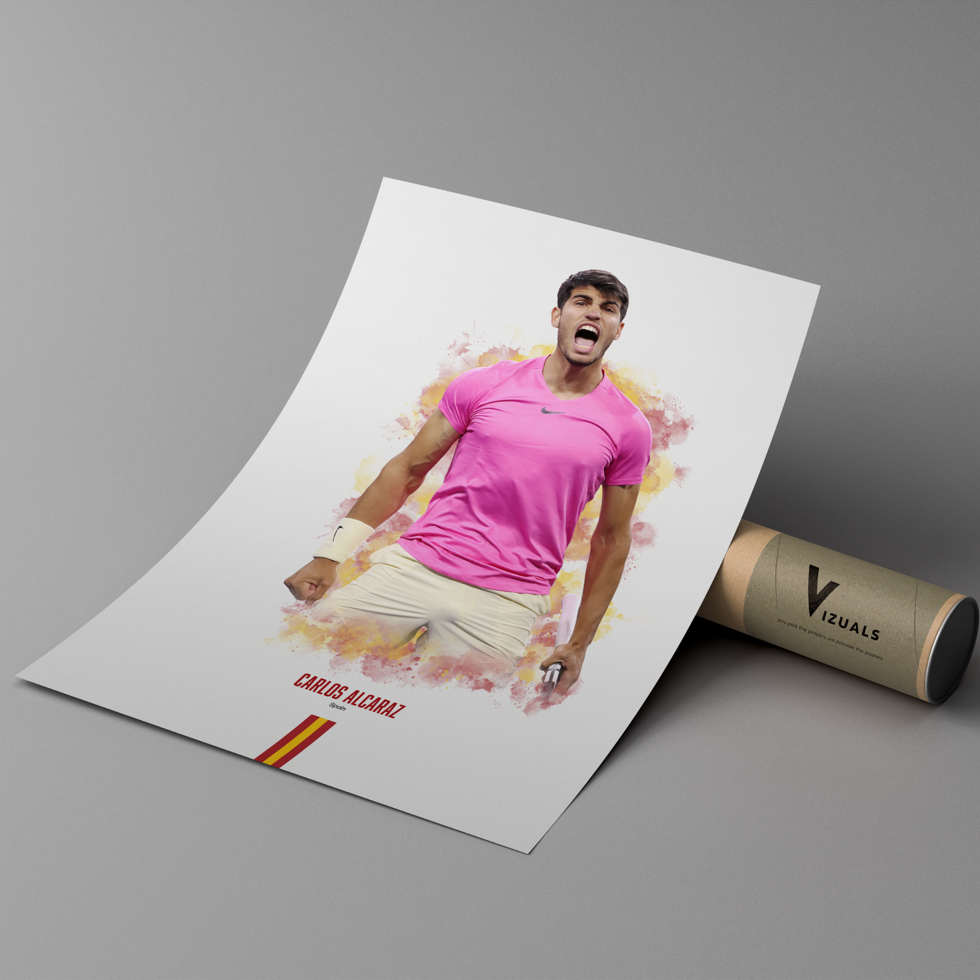 poster mockup of tennis player carlos alcaraz leaning on a protective cardboard tube