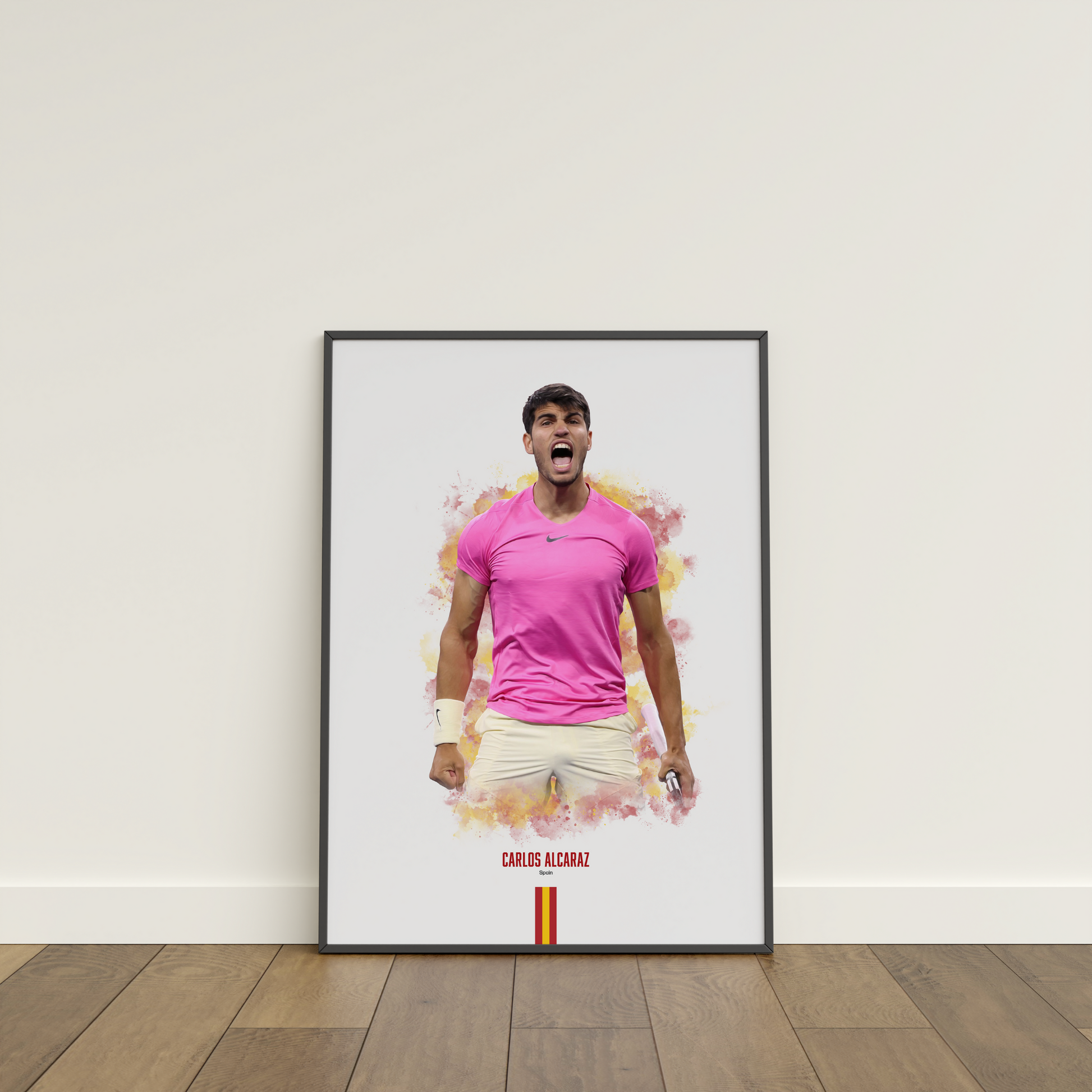 framed poster mockup of tennis player carlos alcaraz leaning on a white wall