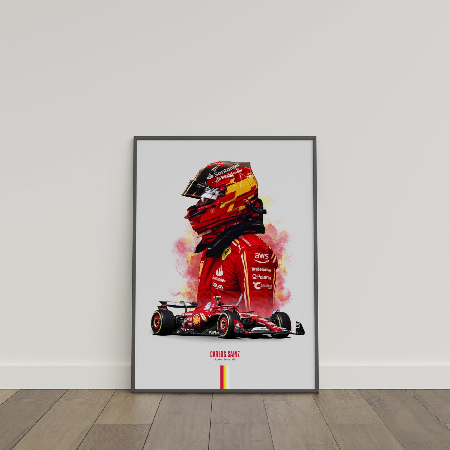 framed poster mockup of formula 1 driver carlos sainz leaning on a white wall