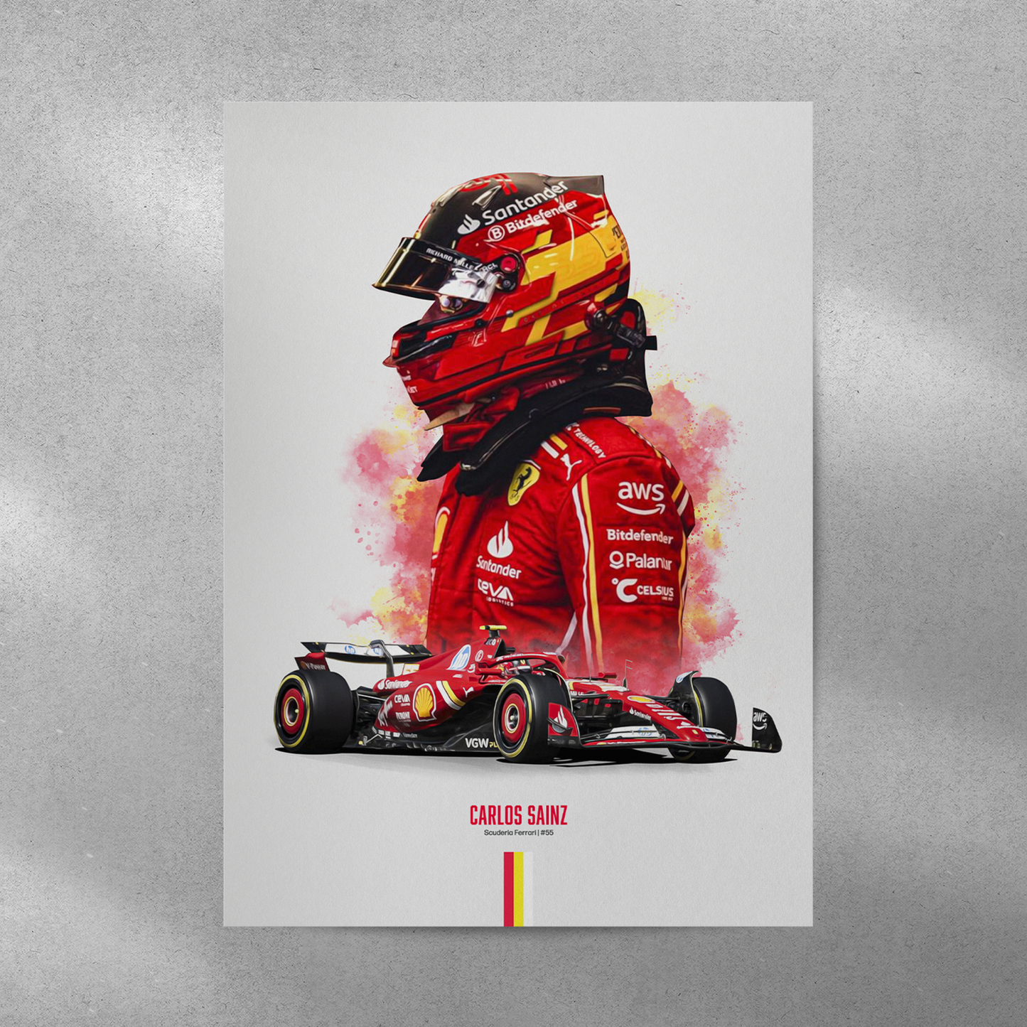 poster mockup of formula 1 driver carlos sainz on a grey wall