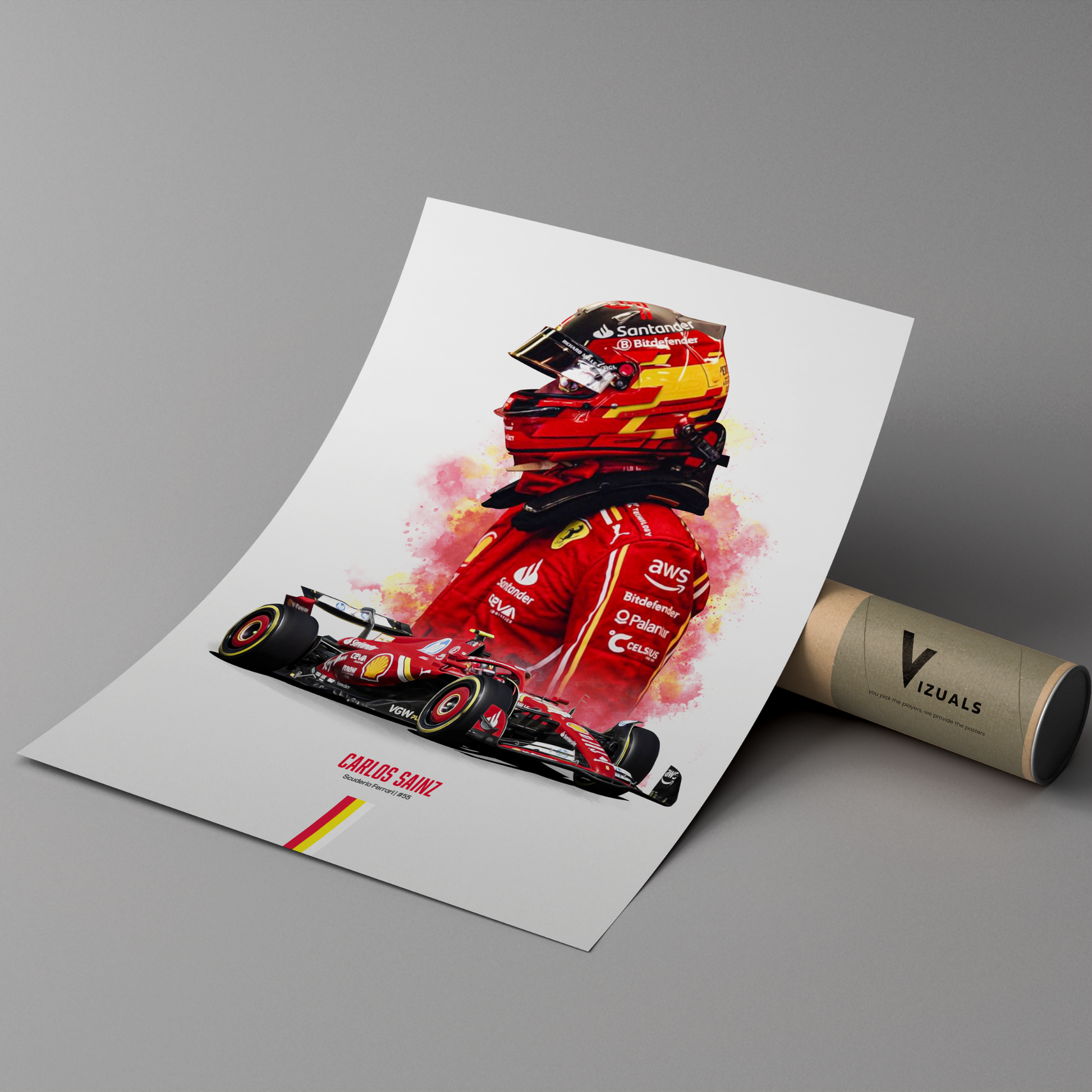 poster mockup of formula 1 driver carlos sainz leaning on a cardboard tube