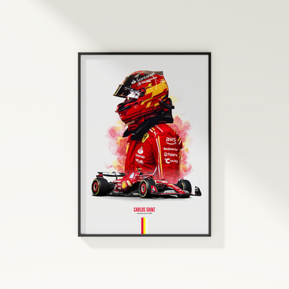 framed poster mockup of formula 1 driver carlos sainz hanging on a white wall