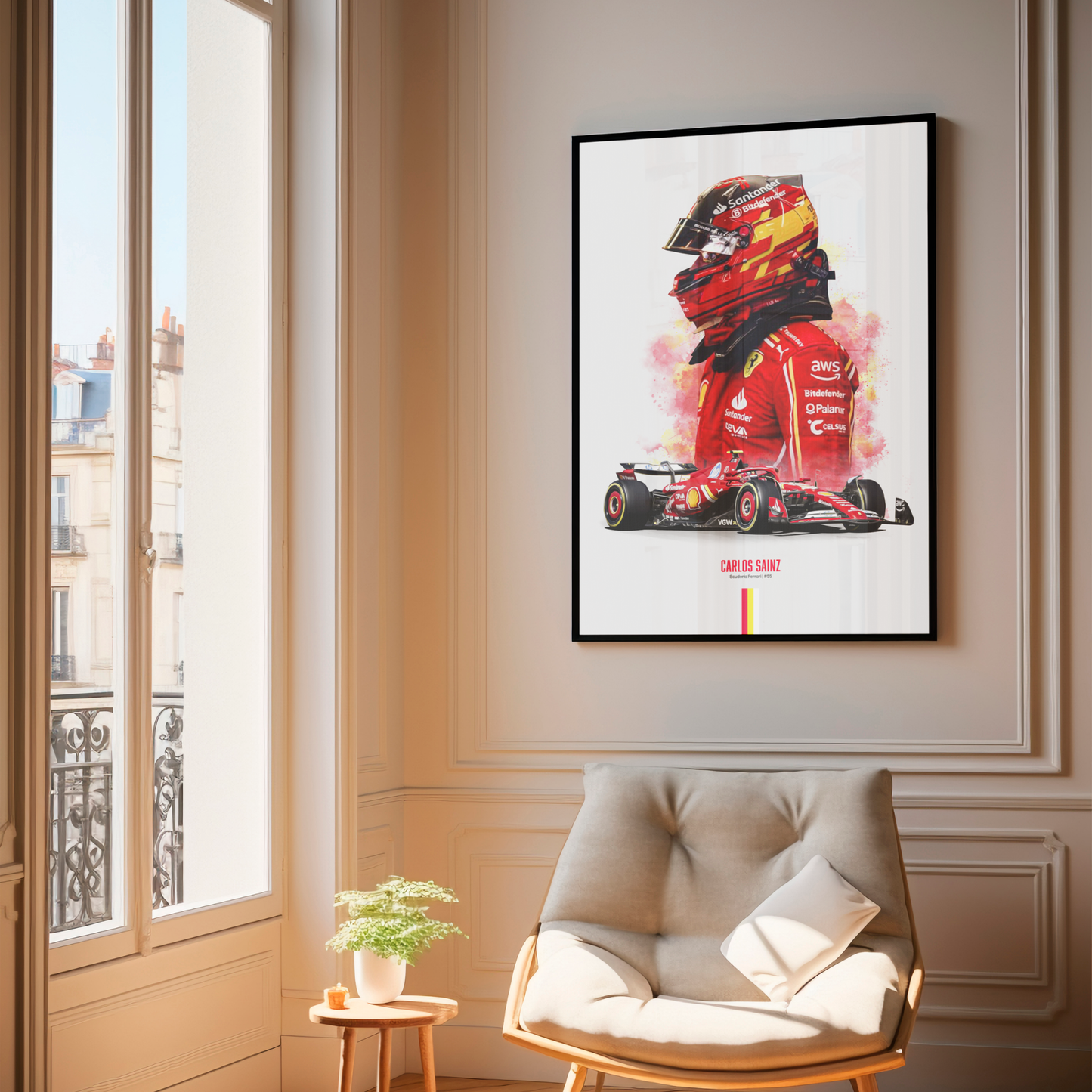 framed poster mockup of formula 1 driver carlos sainz hanging in a living room