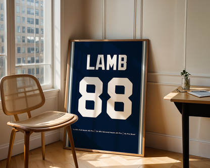 Framed sports jersey with 'LAMB 88' in a room with a window and chair.