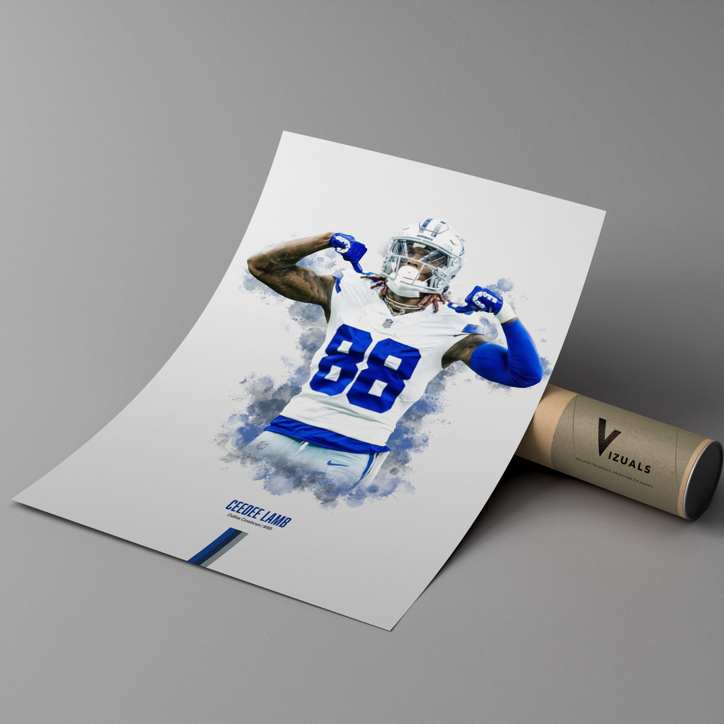 poster mockup of football player ceedee lamb leaning on a cardboard tube