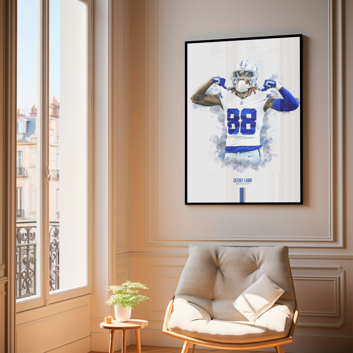 framed poster mockup of football player ceedee lamb hanging in a living room