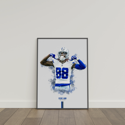 framed poster mockup of football player ceedee lamb leaning on a white wall