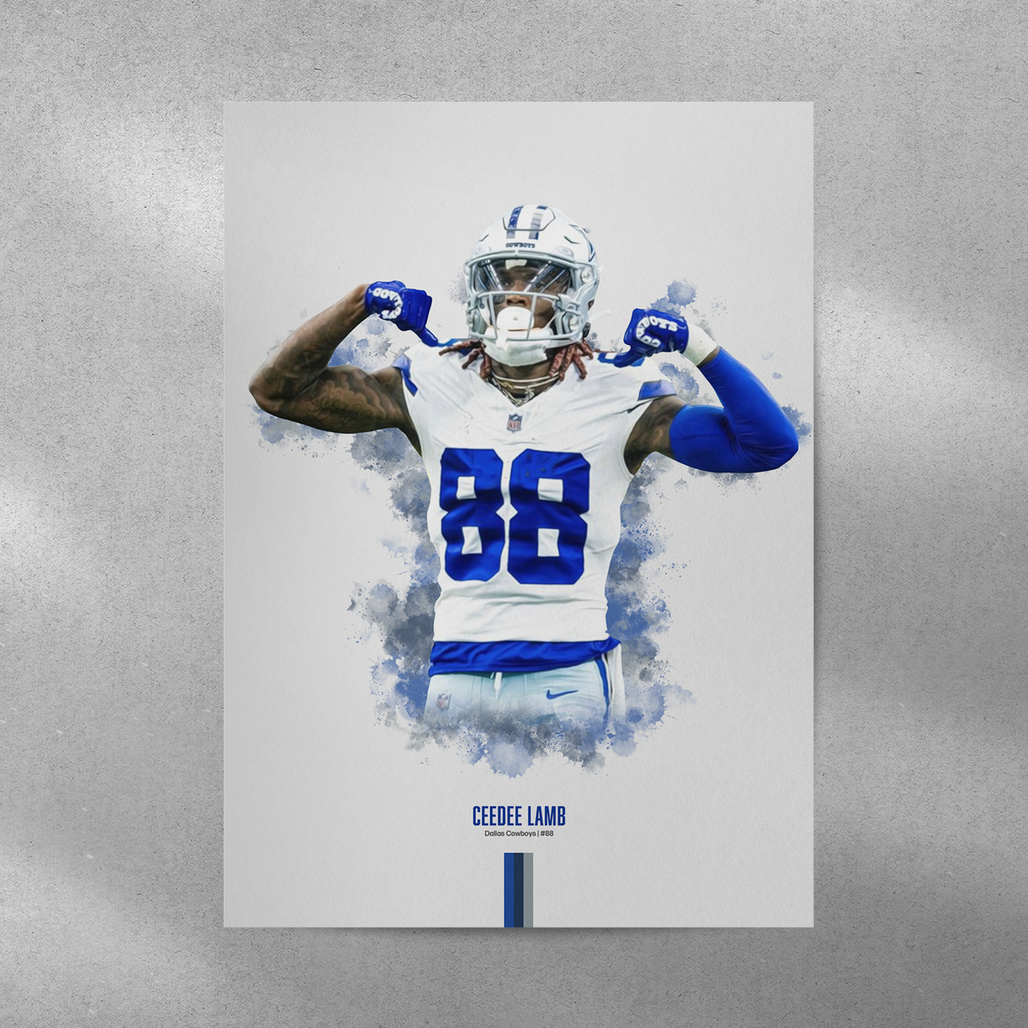 poster mockup of football player ceedee lamb on a grey wall