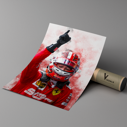 poster mockup leaning on a branded cardboard tube. poster of formula 1 driver charles leclerc celebrating for ferrari.