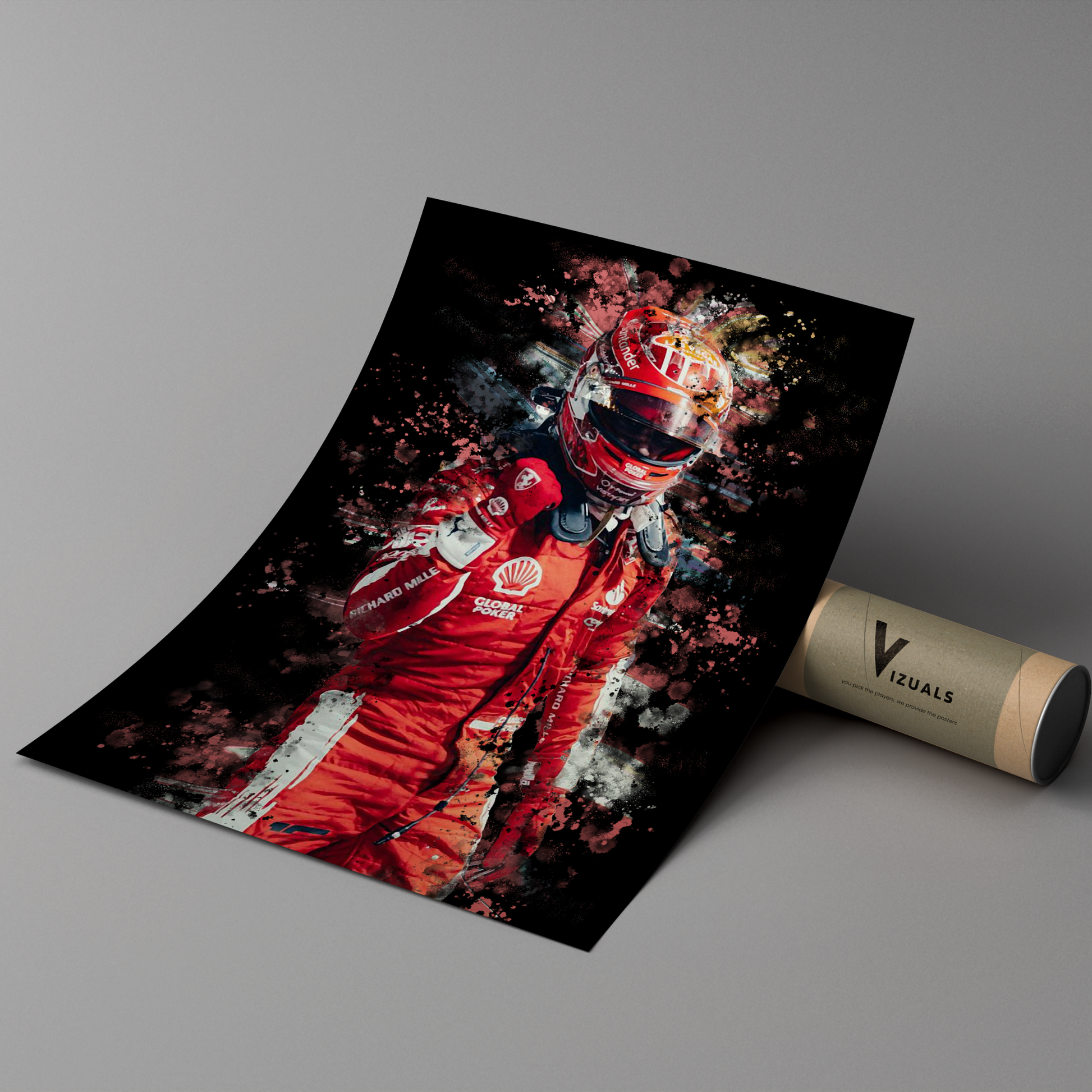 poster mockup of formula 1 driver charles leclerc leaning on a cardboard tube