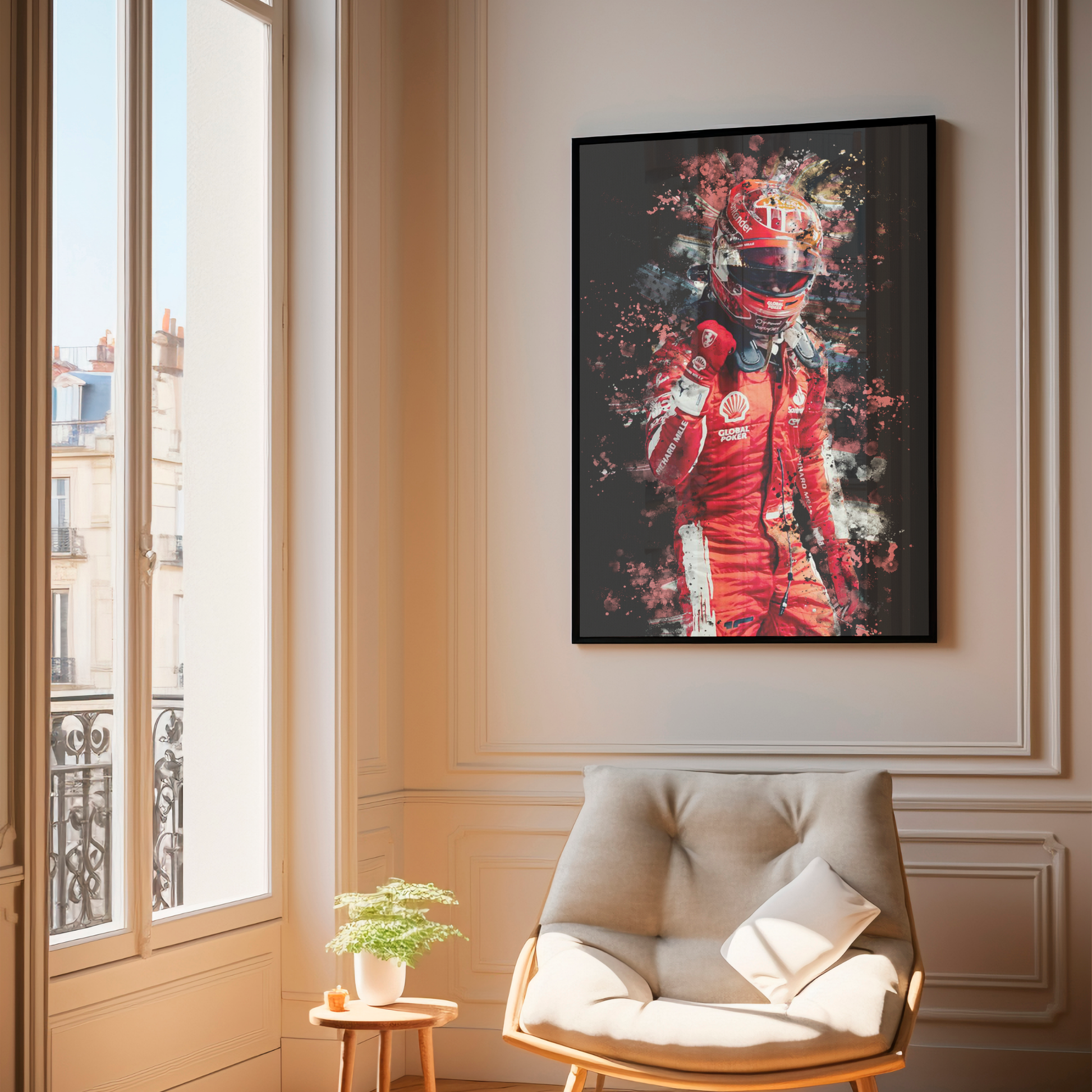 framed poster mockup of formula 1 driver charles leclerc hanging in a living room