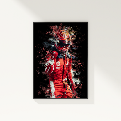 framed poster mockup of formula 1 driver charles leclerc hanging on a white wall