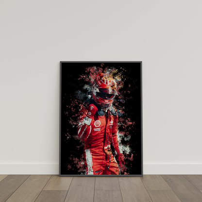 framed poster mockup of formula 1 driver charles leclerc leaning on a white wall