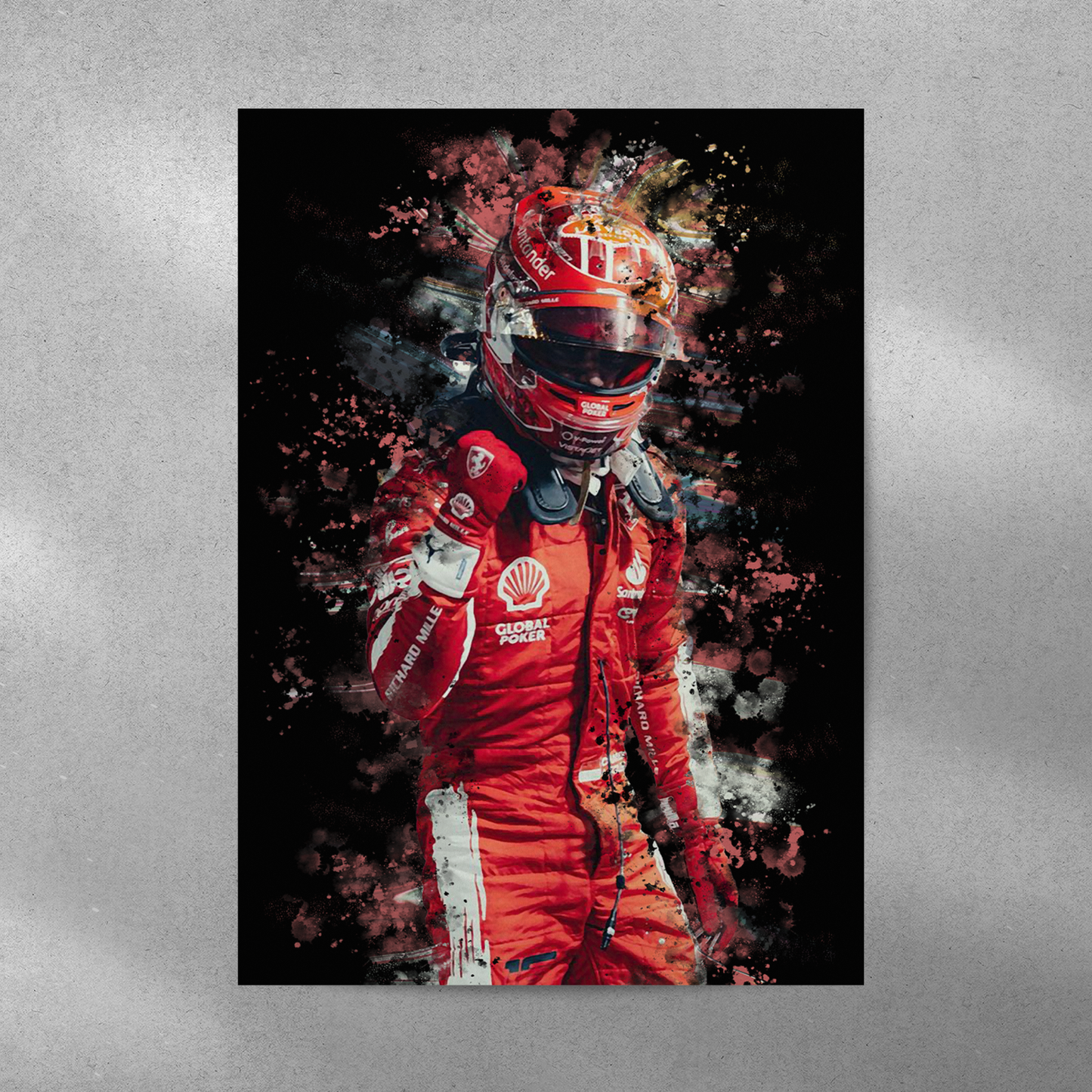 poster mockup of formula 1 driver charles leclerc on a grey wall