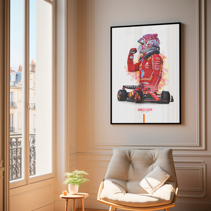 framed poster mockup of formula 1 driver charles leclerc hanging in a living room