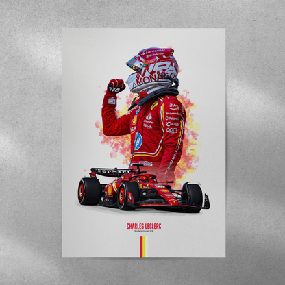 poster mockup of formula 1 driver charles leclerc on a grey wall