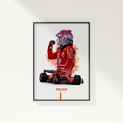 framed poster mockup of formula 1 driver charles leclerc hanging on a white wall