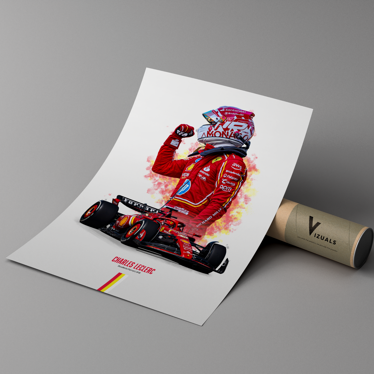 poster mockup of formula 1 driver charles leclerc leaning on a cardboard tube