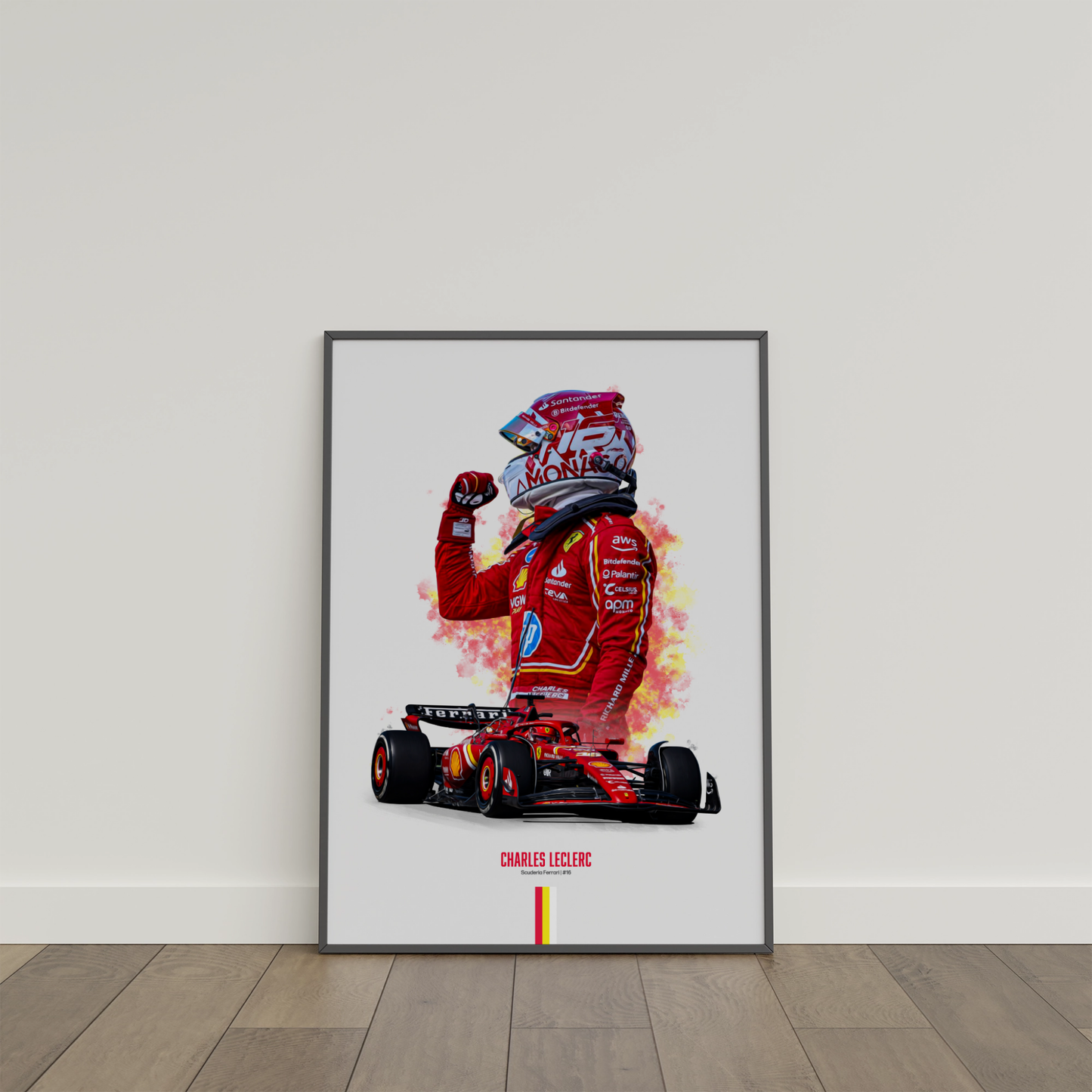 framed poster mockup of formula 1 driver charles leclerc leaning on a white wall