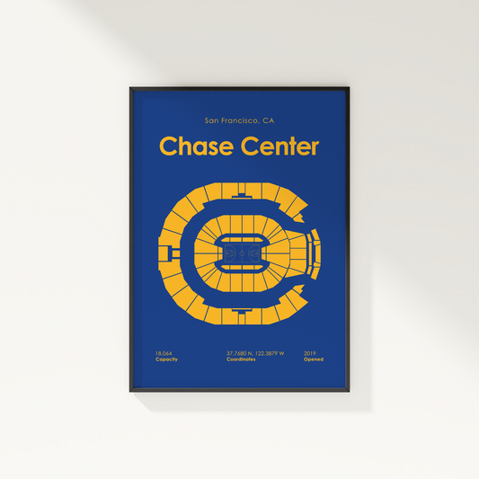 Framed poster of the Chase Center in San Francisco with blue background and yellow text and logo.
