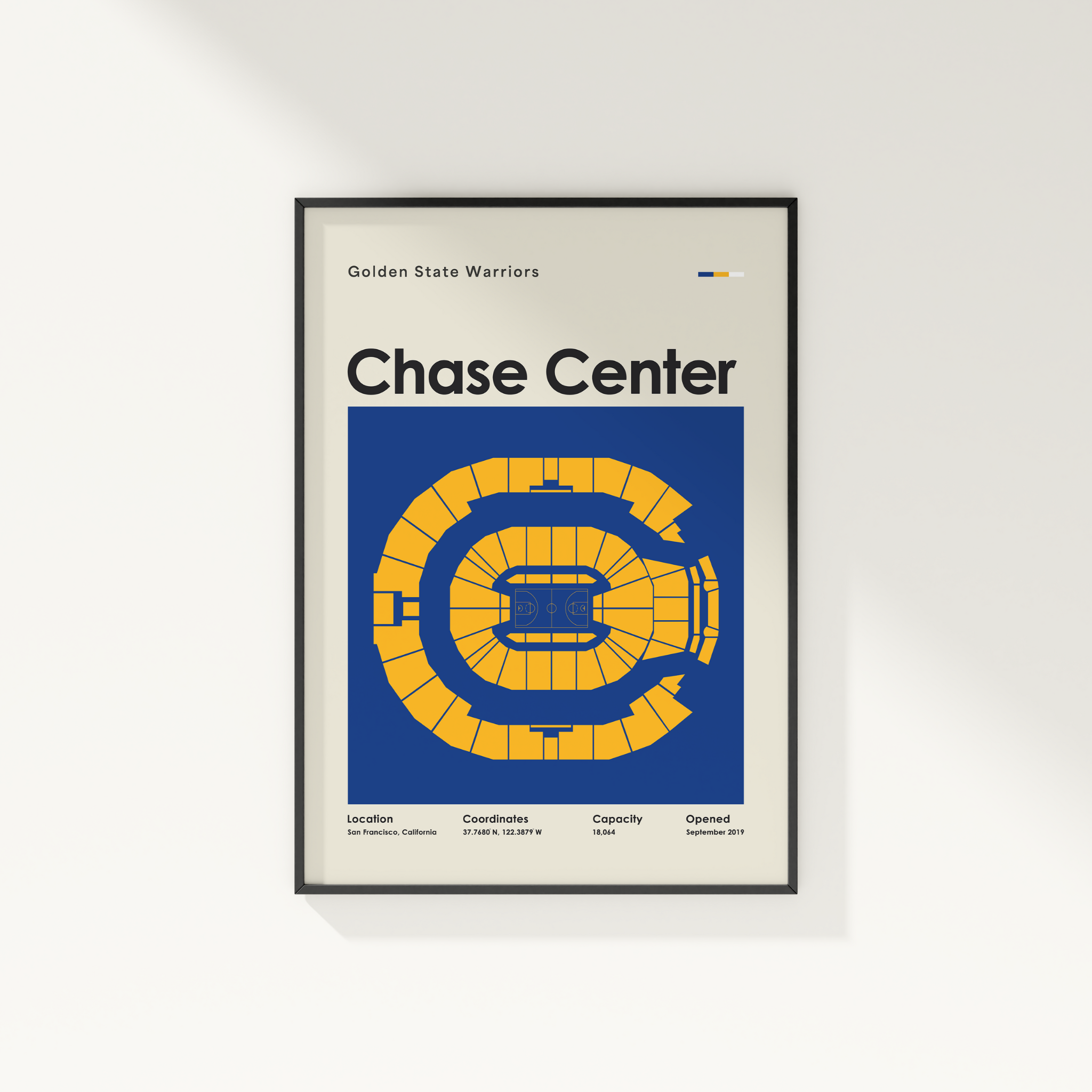Framed poster of the Golden State Warriors' Chase Center with a blue and yellow design.