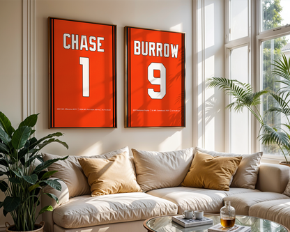 Two framed sports jerseys with 'CHASE 1' and 'BURROW 9' on a wall above a couch.
