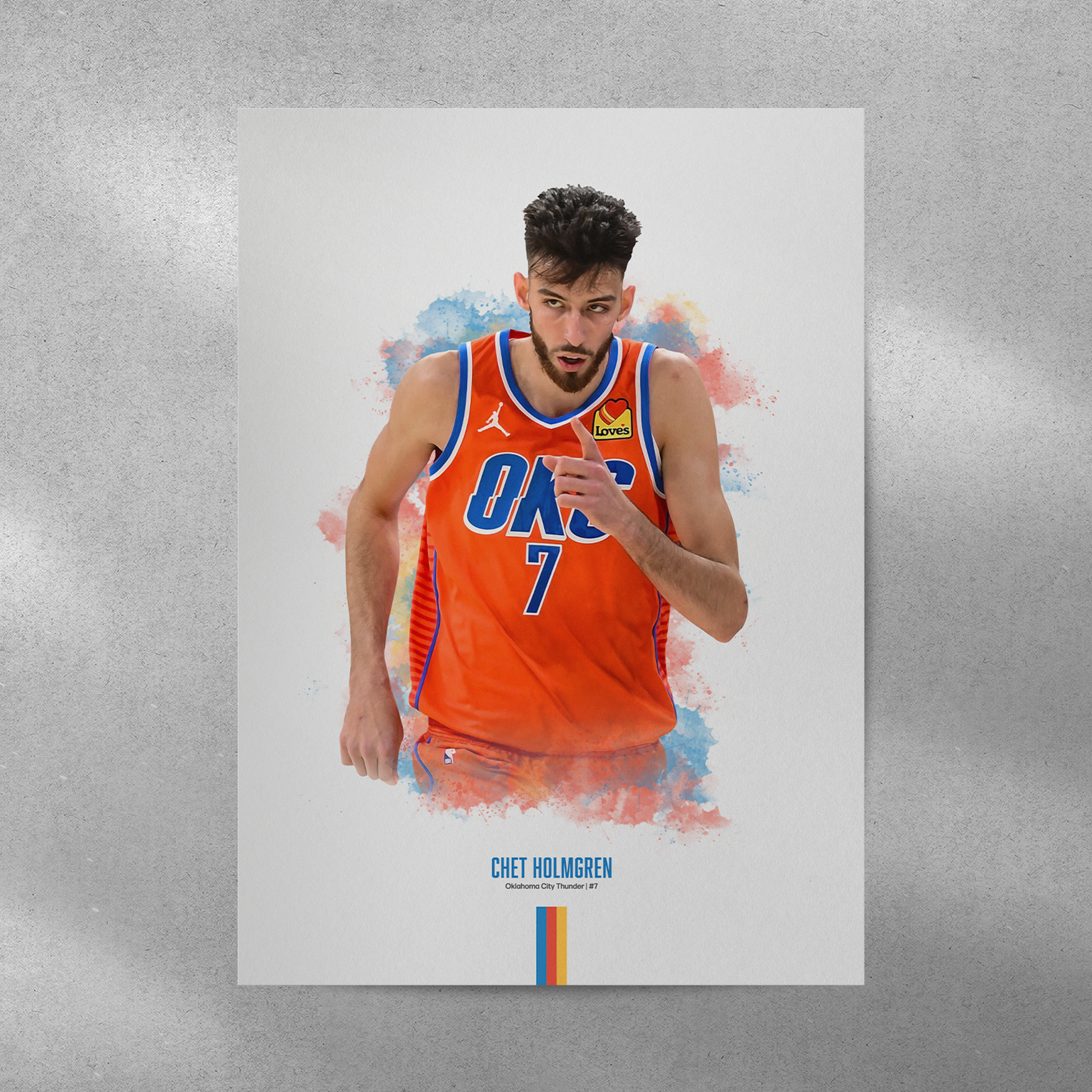 Poster of basketball player Chet Holmgren wearing a Thunder jersey on a gray background.