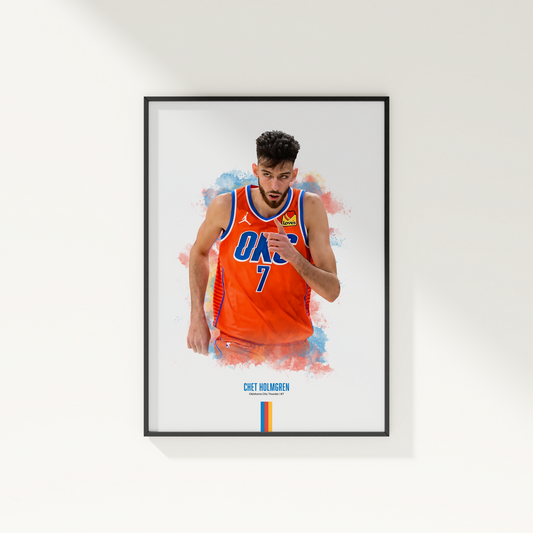 Framed poster of basketball player Chet Holmgren wearing a Thunder jersey on a white wall.