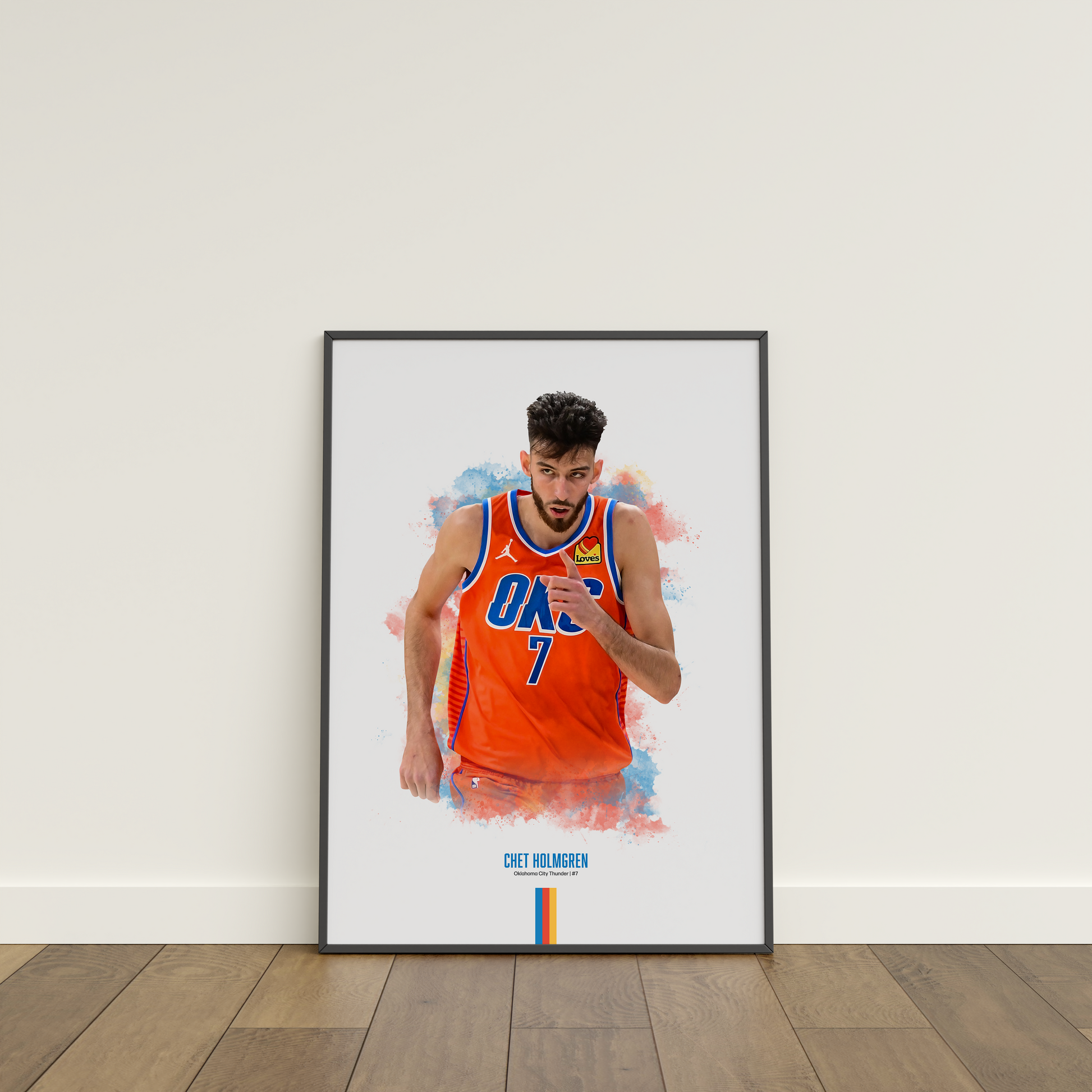 Framed poster of basketball player Chet Holmgren wearing a Thunder jersey on a white wall.
