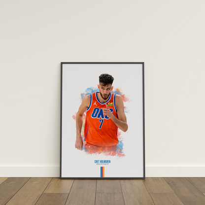 Framed poster of basketball player Chet Holmgren wearing a Thunder jersey on a white wall.