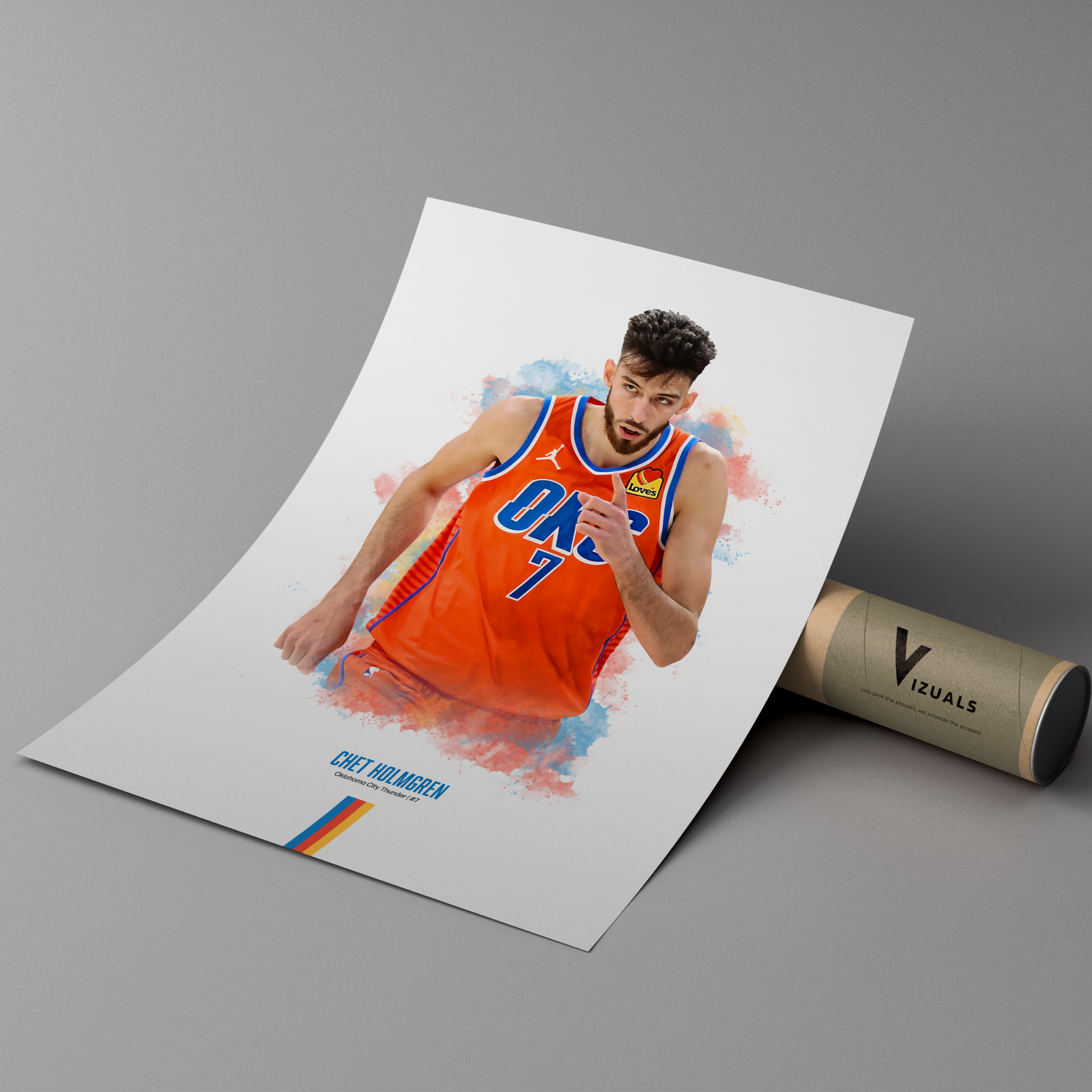Poster of basketball player Chet Holmgren wearing a Thunder jersey on a cardboard tube with 'Vizuals' branding.
