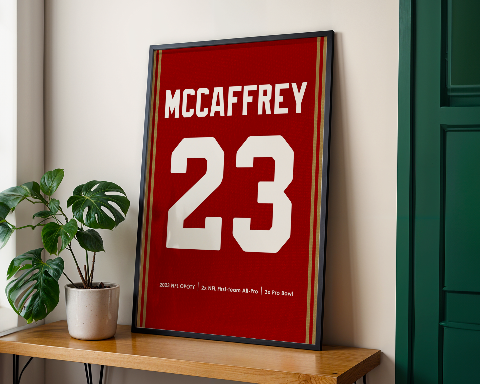 Framed poster with 'McCaffrey 23' on a wooden shelf with a plant and green door in the background