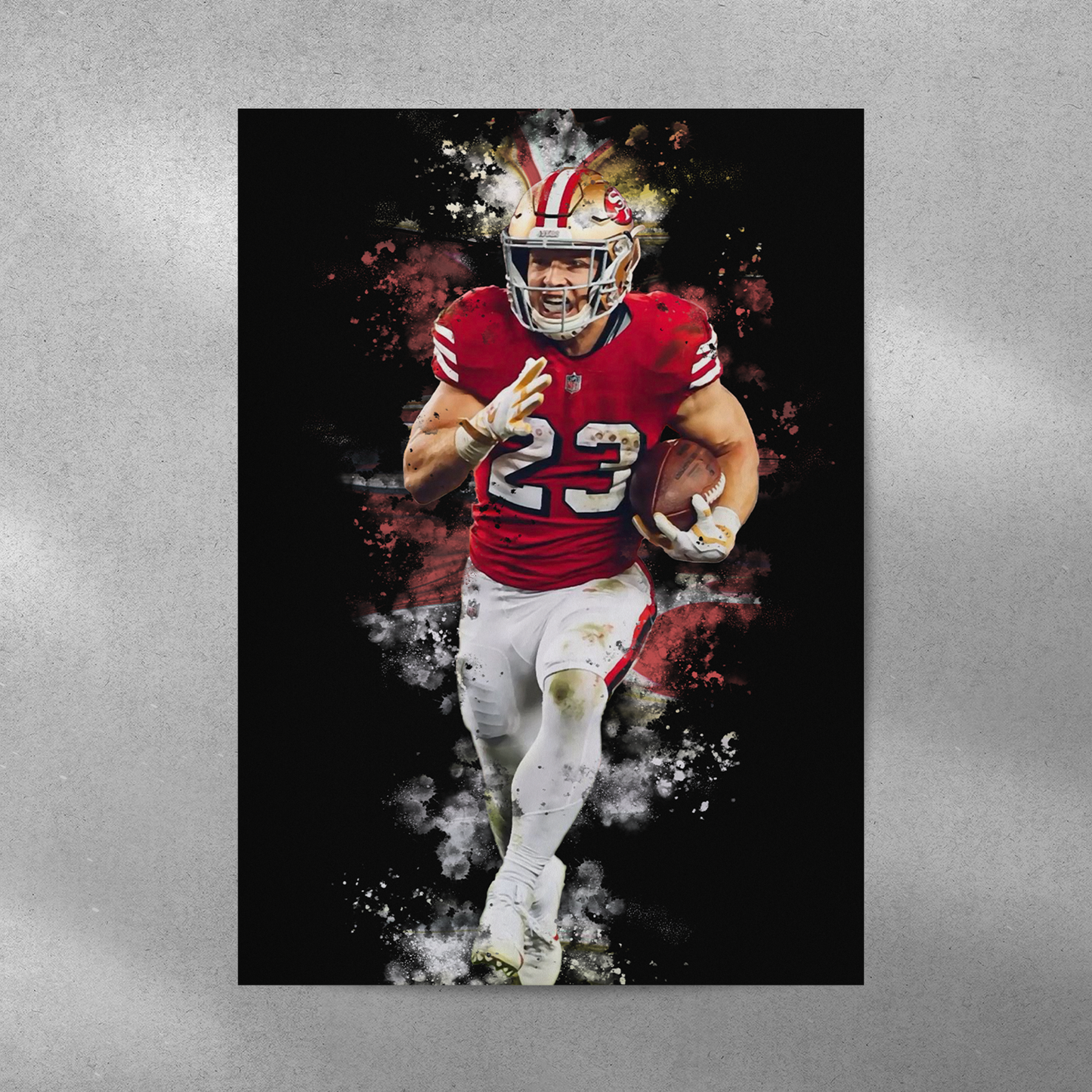 poster mockup of football player christian mccaffrey on a grey wall