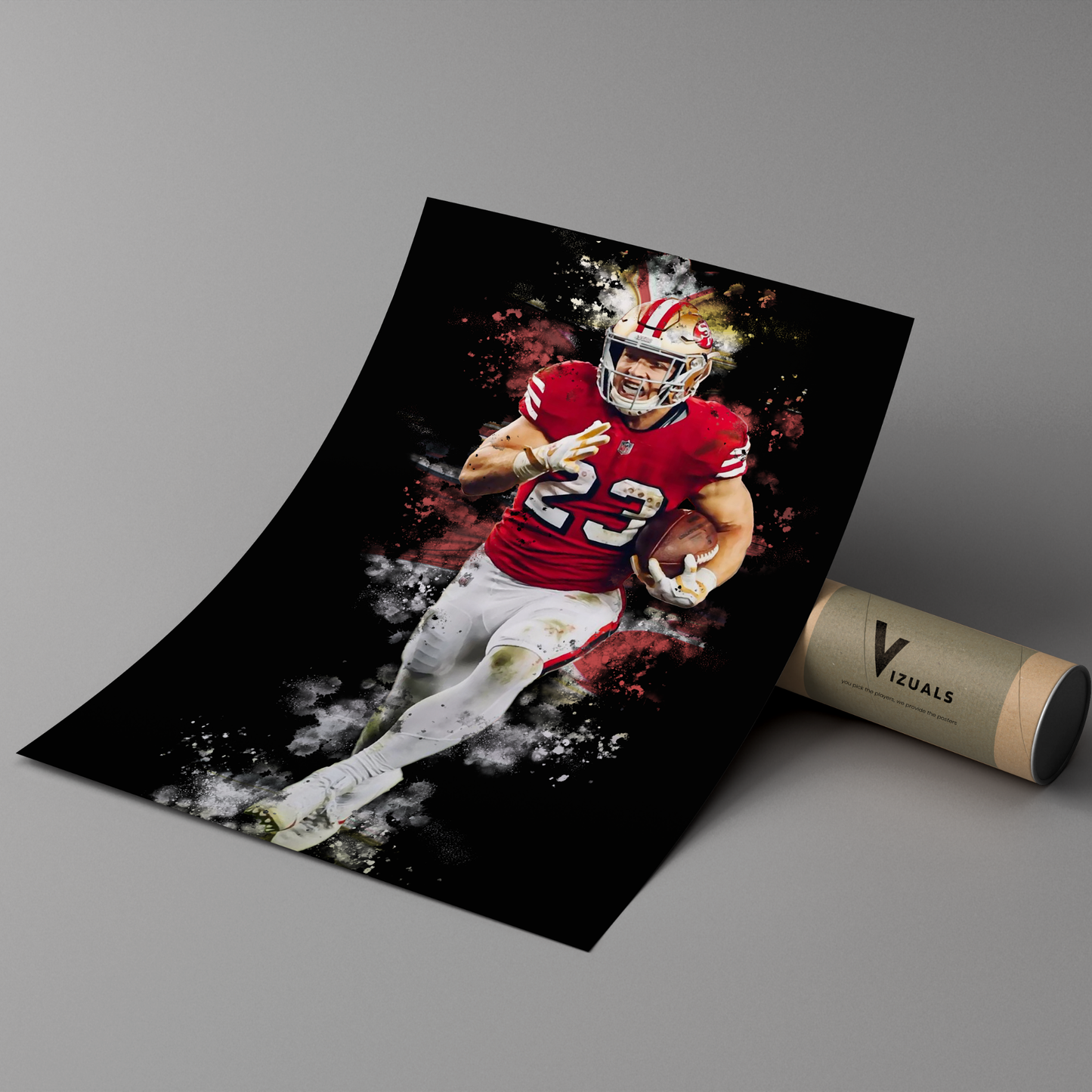 poster mockup of football player christian mccaffrey leaning on a protective tube 