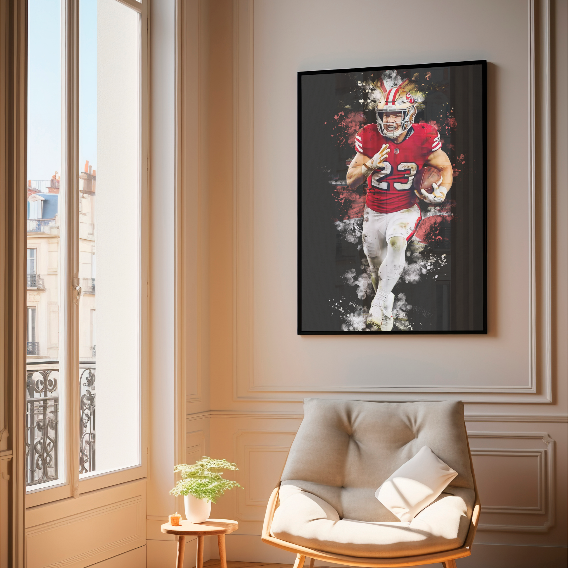 framed poster mockup of football player christian mccaffrey hanging in a living room