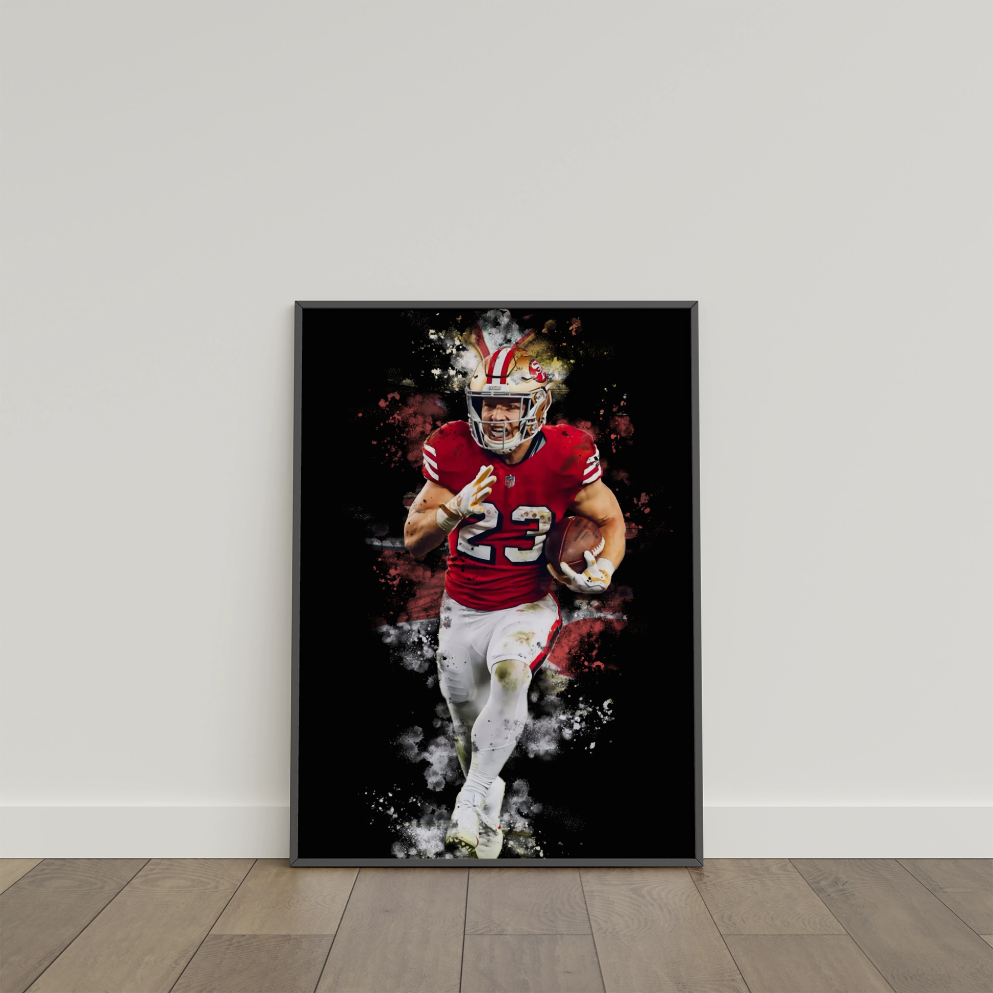 framed poster mockup of football player christian mccaffrey leaning on a white wall