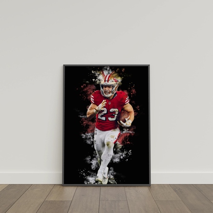 framed poster mockup of football player christian mccaffrey leaning on a white wall