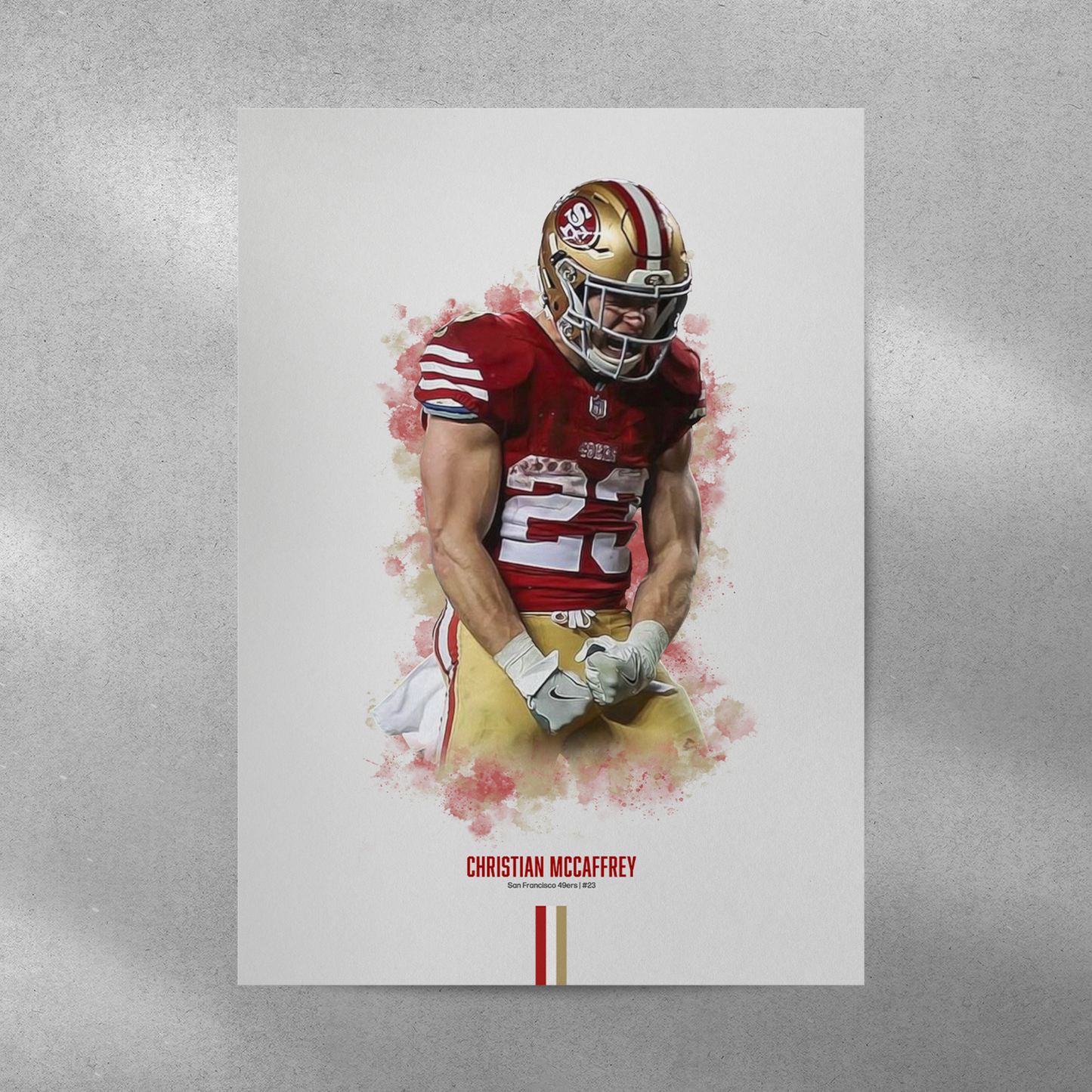 poster mockup of football player christian mccaffrey on a grey wall