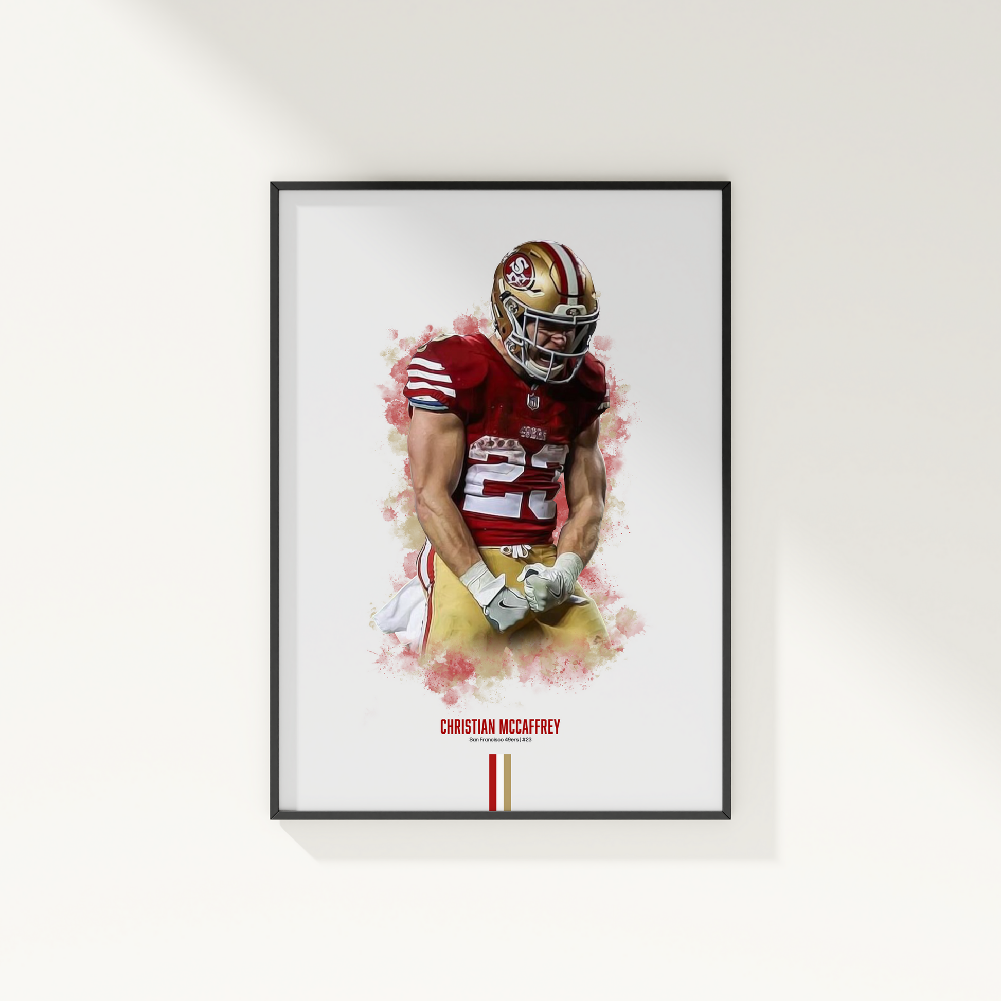 framed poster mockup of football player christian mccaffrey hanging on a white wall