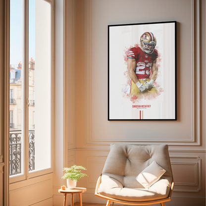 framed poster mockup of football player christian mccaffrey hanging in a living room