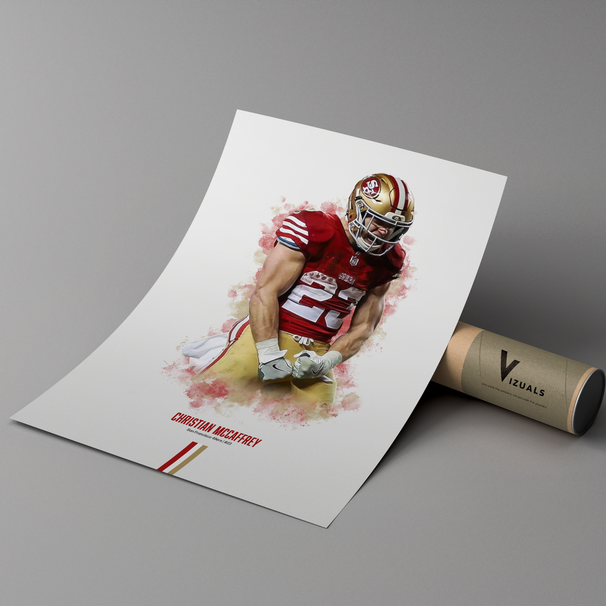 poster mockup of football player christian mccaffrey leaning on a cardboard tube