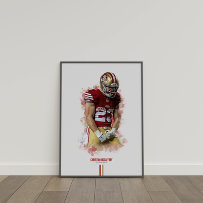 framed poster mockup of football player christian mccaffrey leaning on a white wall