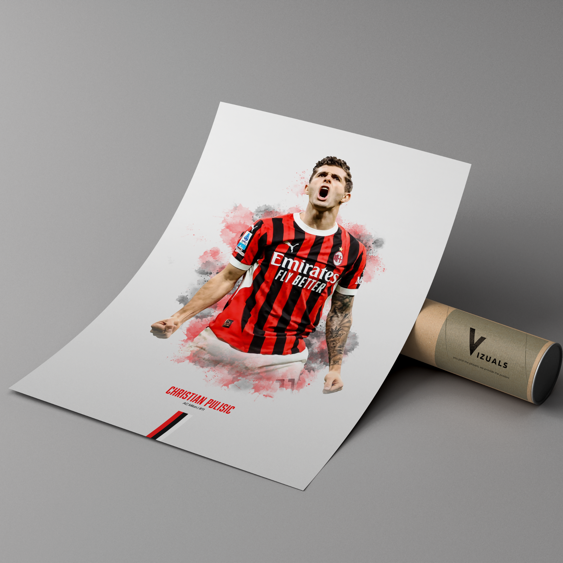 Framed poster print of soccer player Christian Pulisic, wearing an AC Milan jersey, on a cardboard tube with 'Vizuals' branding.