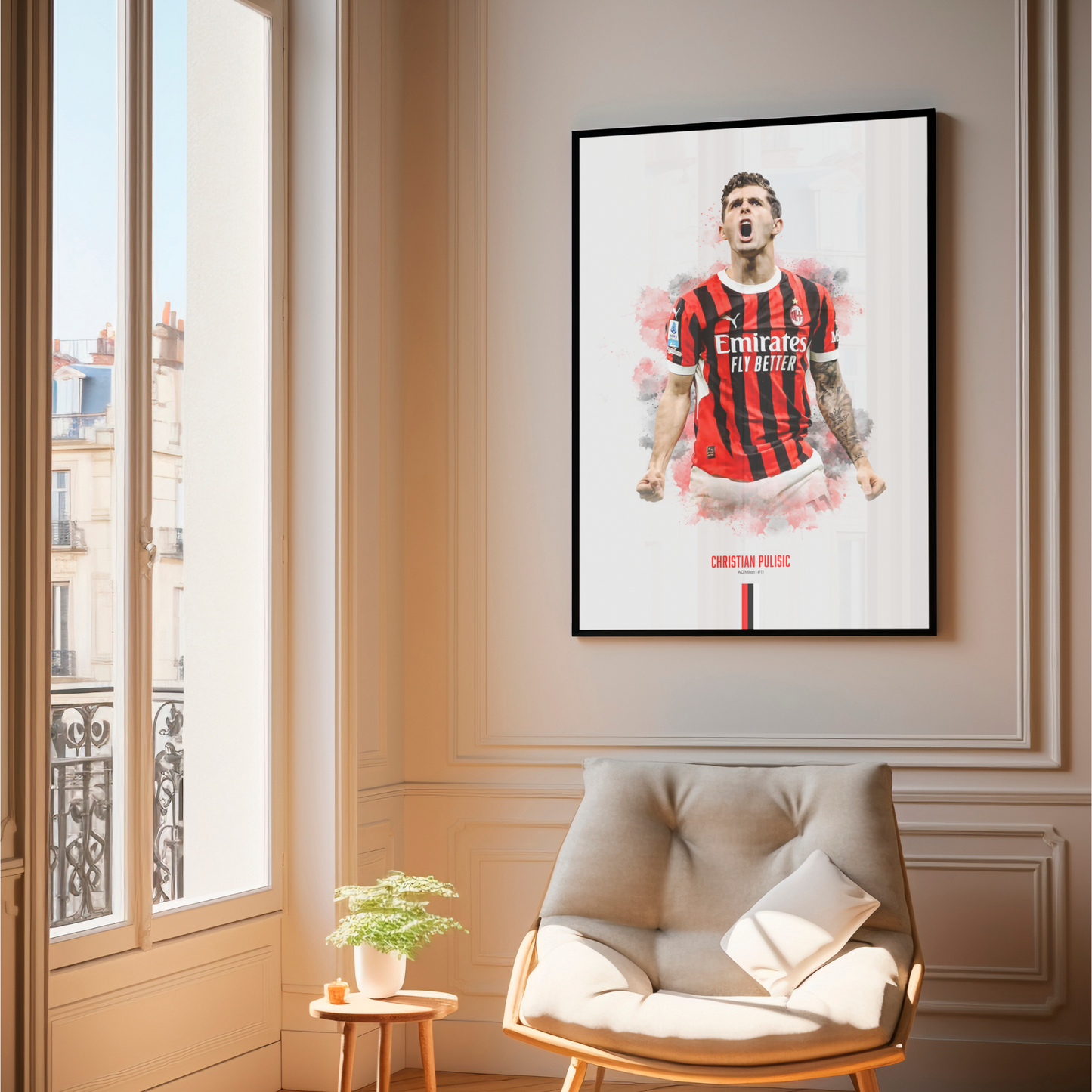 Framed poster print of soccer player Christian Pulisic, wearing an AC Milan jersey, on a wall above a chair.