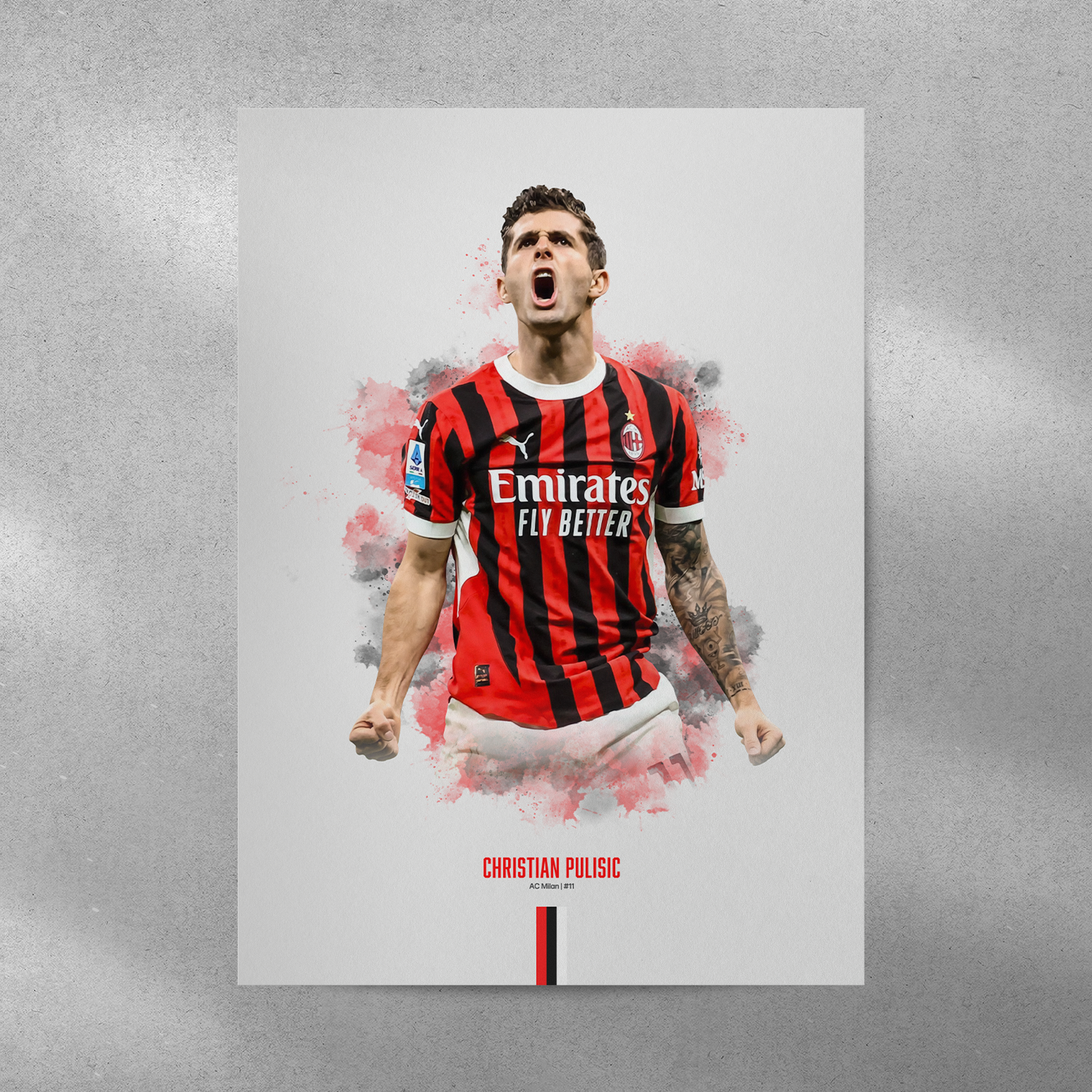 Framed poster print of soccer player Christian Pulisic, wearing an AC Milan jersey, on a gray background.