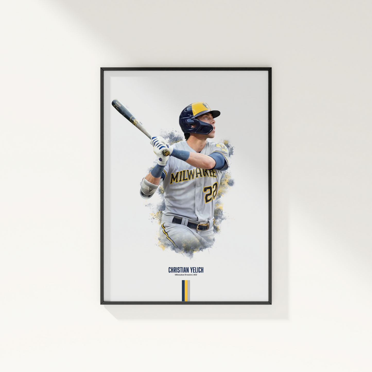 framed poster mockup of baseball player christian yelich hanging on a white wall